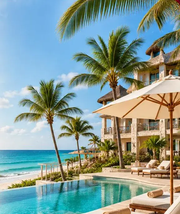 An infinity pool and loungers beneath palm trees beside the Caribbean Sea