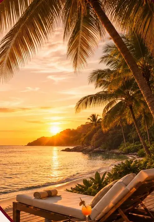The sun setting over a palm-lined beach, seen from a lounger on the deck